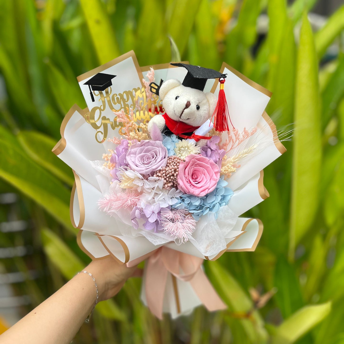 {G24} Preserved grad bouquet- 2 rose (Lilac & Pink)