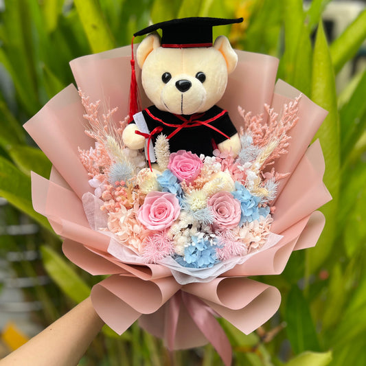 {G25} Preserved grad bouquet- 3 rose w Medium bear