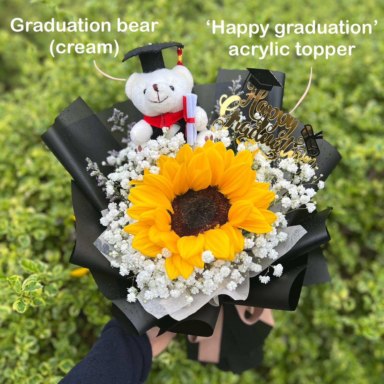 {G2} Single rose & baby's breath with graduation bear