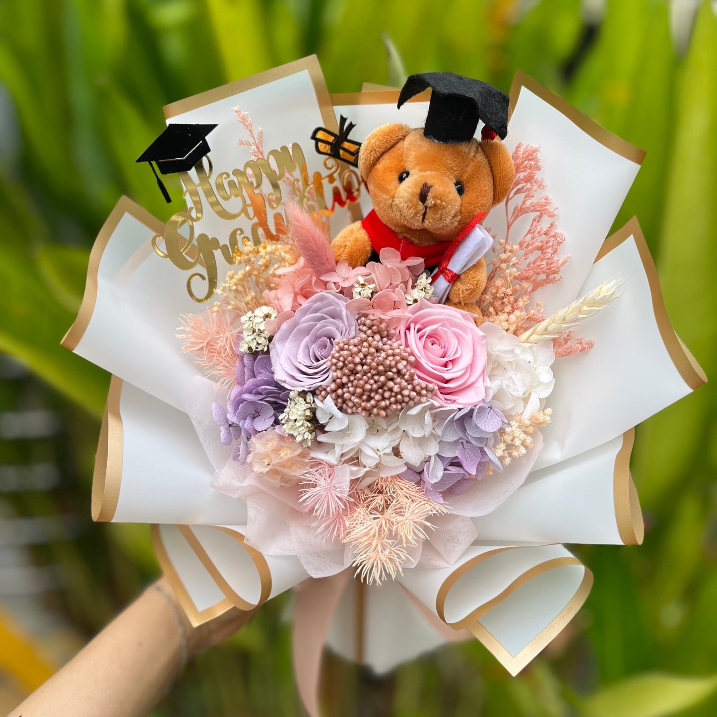 {G24} Preserved grad bouquet- 2 rose (Lilac & Pink)
