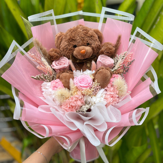 Preserved rose bouquet- 3 rose w Fluffy bear