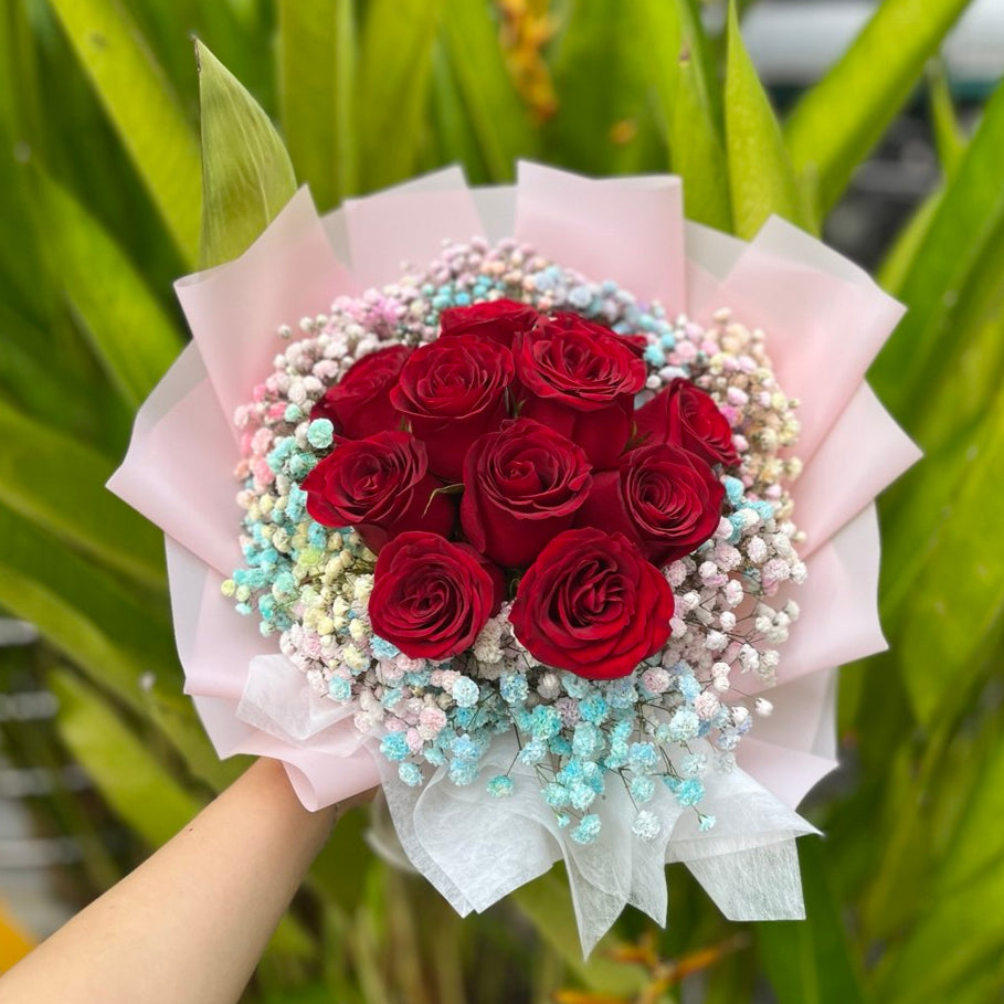11 Rose Bouquet with Coloured Baby's Breath