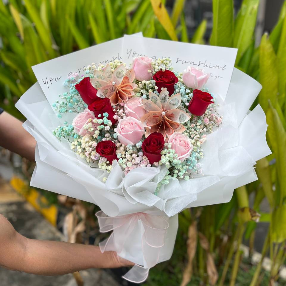 Rainbow cash blooms- 12 red & pink roses