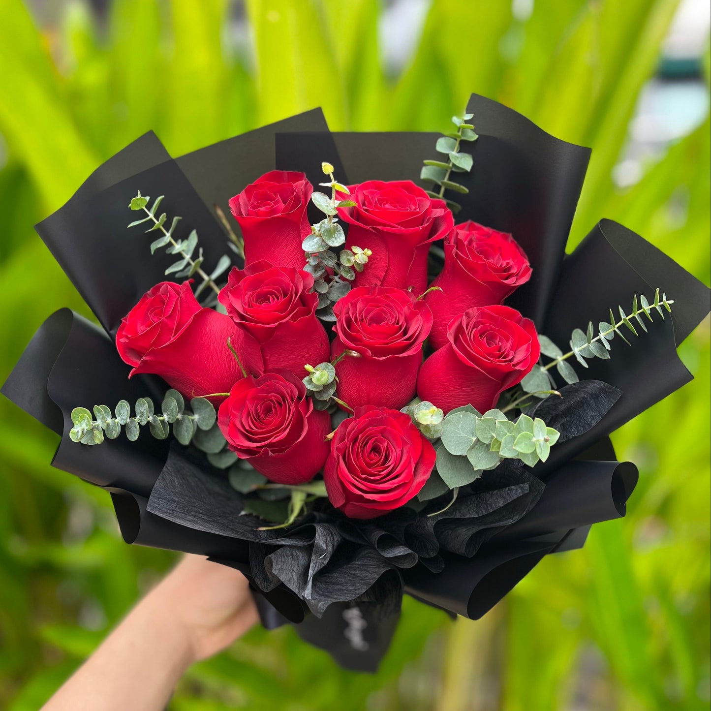 VDAY 9 Rose Bouquet with Eucalyptus