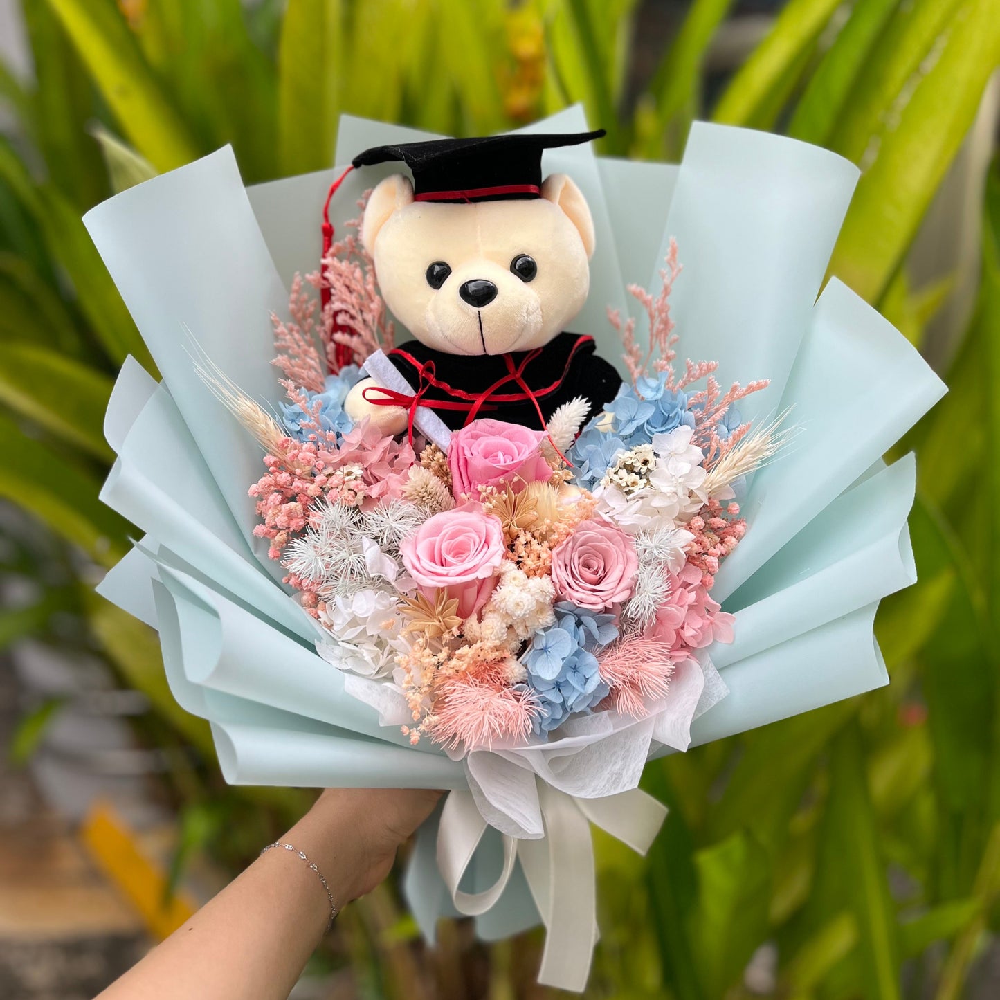 {G25} Preserved grad bouquet- 3 rose w Medium bear
