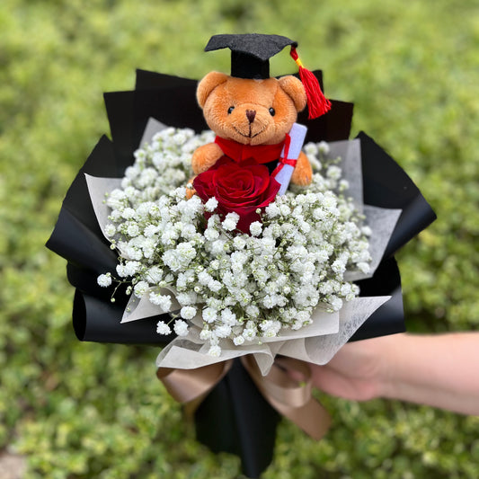 {G2} Single rose & baby's breath with graduation bear