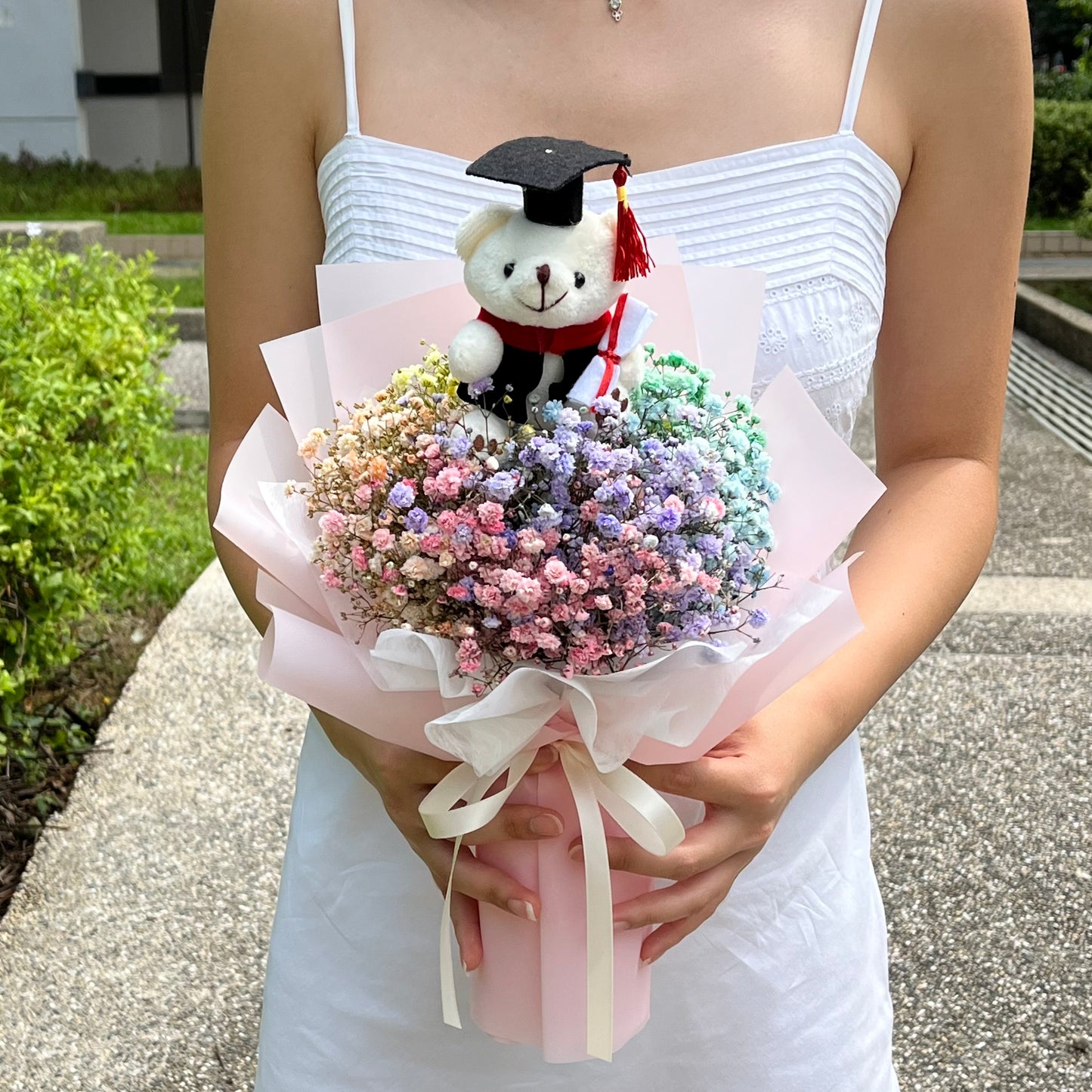 {G1} Rainbow baby's breath with graduation bear