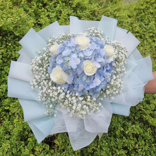 {G19} Blue butterflies- Blue hydrangeas with white roses