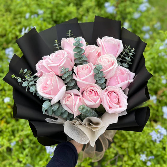 Pink cotton- 12 rose w eucalyptus (grad)